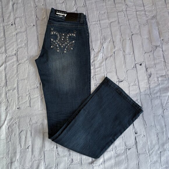 C3 Vault Women's Boot Cut Jeans Jeans Rhinestone Bling Dark Blue Denim Size 9 - Picture 1 of 12